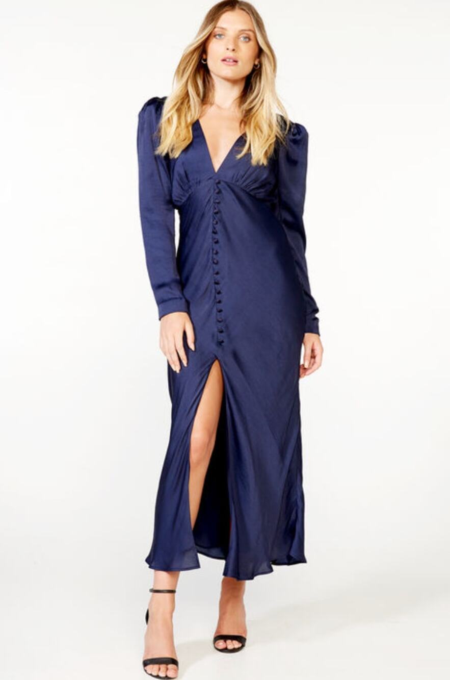 French Navy Bardot Rylee Button Down Maxi Dress 6/S